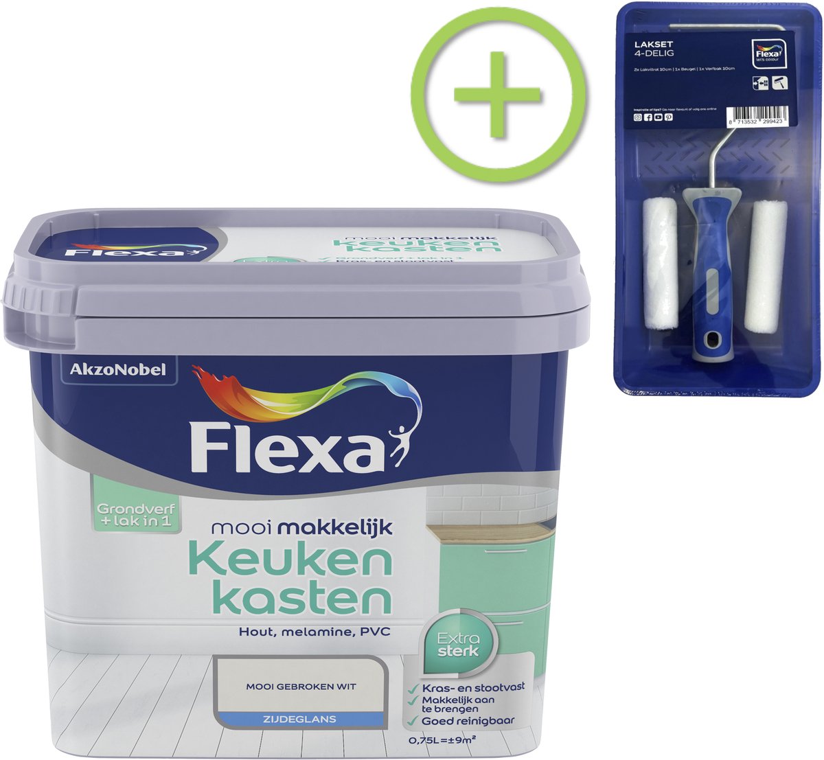 Voordeelpakket Flexa Mooi Makkelijk - Keukenkasten - Mooi Gebroken Wit - 750 ML + Lakroller - 4 Delig