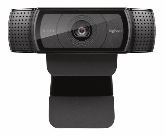 Webcam Logitech C920 noire avec HD 1080p et deux microphones.