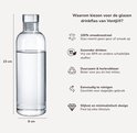 Transparante glazen fles, 23 cm hoog, 8 cm breed, met informatie over de eigenschappen.