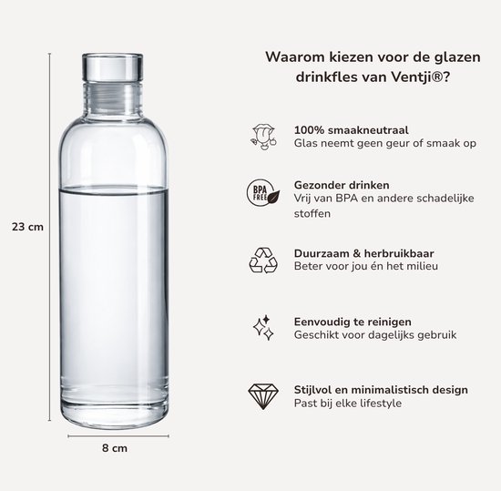 Transparante glazen fles, 23 cm hoog, 8 cm breed, met informatie over de eigenschappen.
