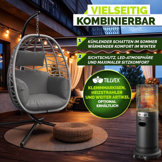 tillvex® Hangstoel met Standaard Outdoor & Weerbestendige Hoes incl. Bevestiging | Hangmand Opklapbaar tot 150 kg | Hangstoel van Rotan | Hangstoel voor Indoor Tuin Balkon Terras