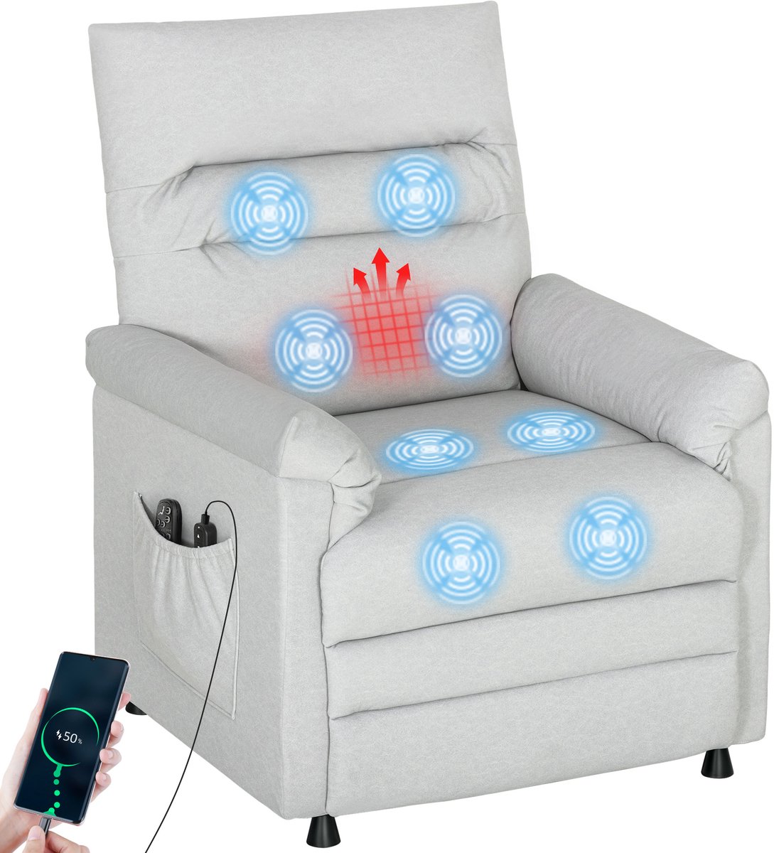 HOMCOM Massage Relaxbank - Fluweel (100% polyester) - 82x99x106cm - Lichtgrijs