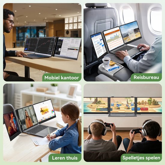 Collage van vier scènes die de veelzijdigheid van de Blackview DCM8 Pro tonen: mobiel kantoor, reisbureau, leren thuis en gamen.