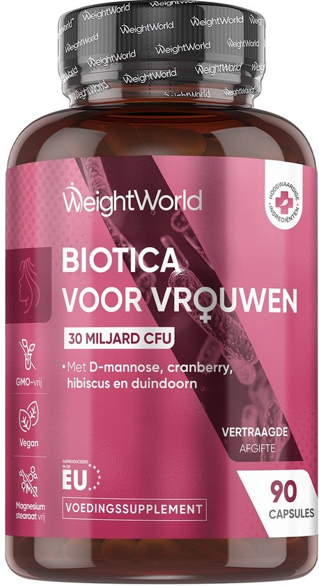 Bruine pot met roze etiket 'Biotica voor vrouwen' met 30 miljard KVE, D-mannose, cranberry, hibiscus en duindoorn.