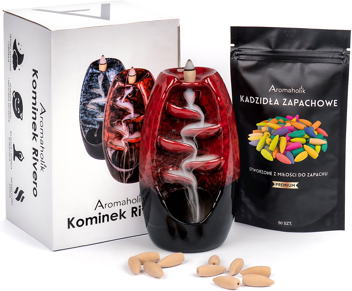 Rivero™ - Backflow Wierook Waterval Set - Keramiek - Handgemaakt - Dieprood - 50 Natuurlijke XL Wierookkegels