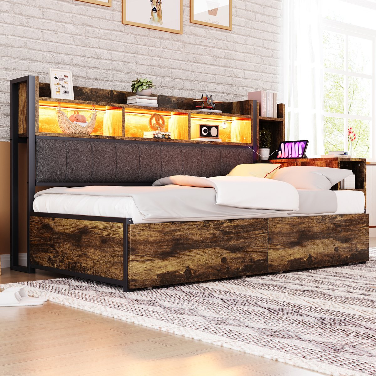 MODENUIT Eenpersoonsbed 90x200 cm – Met uitschuifbaar bureau en stopcontacten – 2 lades en vakken – Zonder matras – Houtkleur