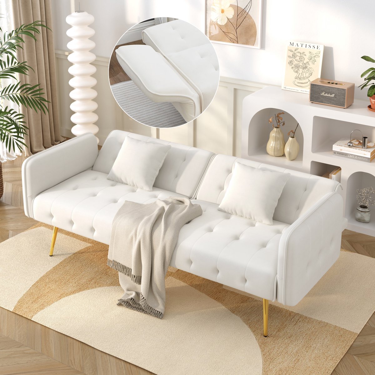 MODFU Slaapbank - Verstelbare Rugleuning En Armleuningen - Modern - Woonkamer - Fluweel - Antiekwit Oud Wit