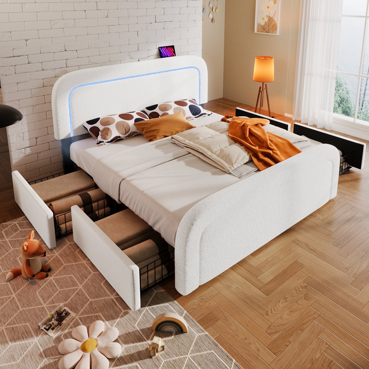 Bedframe met USB Type-C-oplaadfunctie – LED-verlichting en 4 lades – Tweepersoonsbed met zachte matras – 140 x 200 cm – Hoogteverstelbaar hoofdeinde – Houten jaloezieën – Wit (zonder matras)