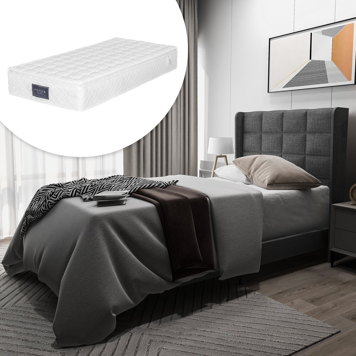MODENUIT Gestoffeerd bed 90x200 cm – Eenpersoonsbed met lattenbodem – Hoog hoofdbord – Met matras – Linnen – Grijs