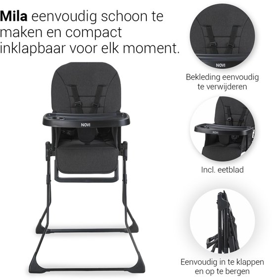 Novi at Home Mila Kinderstoel - Zwart Melange - Inclusief eetblad - Eenvoudig inklapbaar van Novi at Home — afbeelding 3