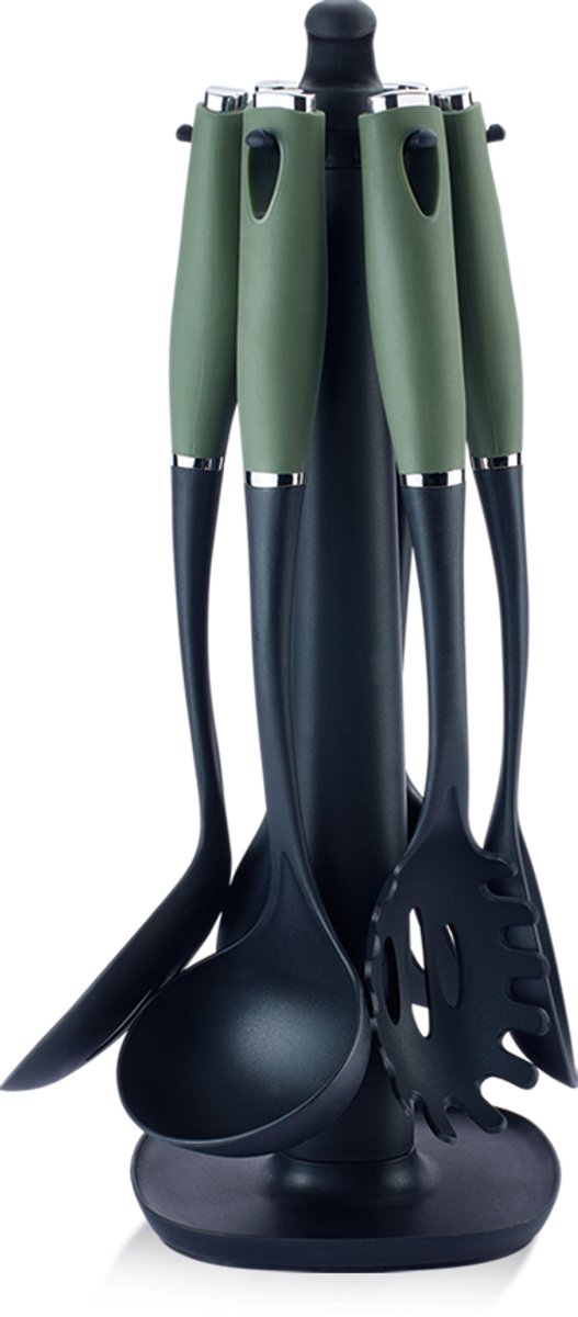 Swiss Haus® KU7G Nylon Keukengerei Sets Met Houder - 8 Delig Kookgerei Set - BPA Vrij & Hittebestendig - Vaatwasserbestendig - Ophangbaar - Groen