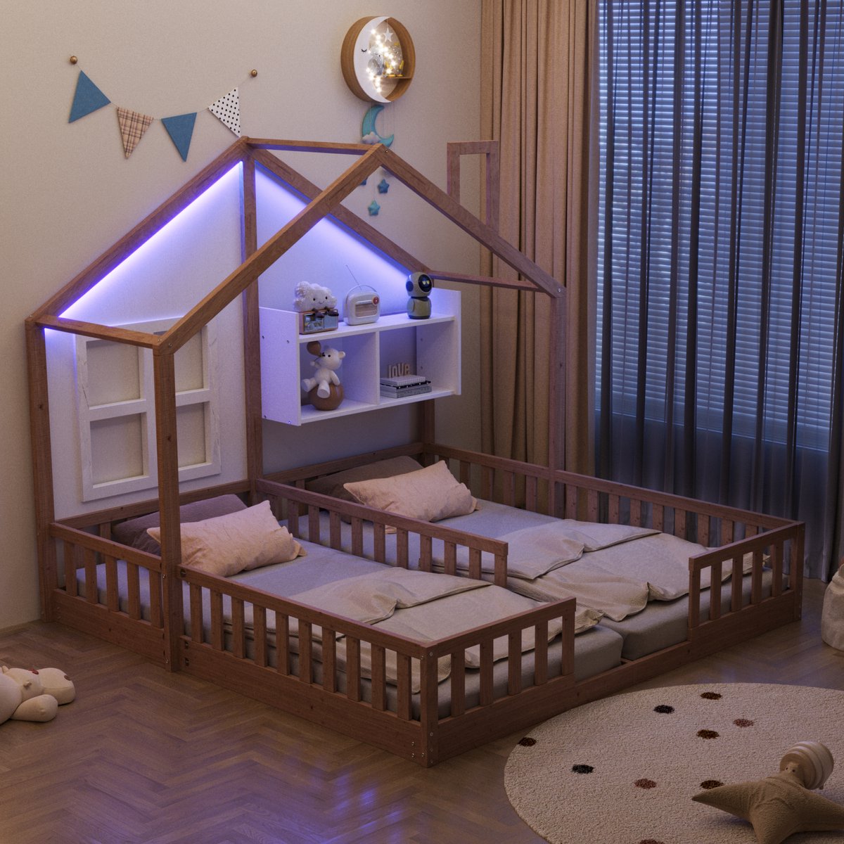 MODENUIT Kinder dubbelbed 90x200 cm – Huisvormig frame met LED – Veiligheidshekken en opbergvakken – Zonder matras – Naturel