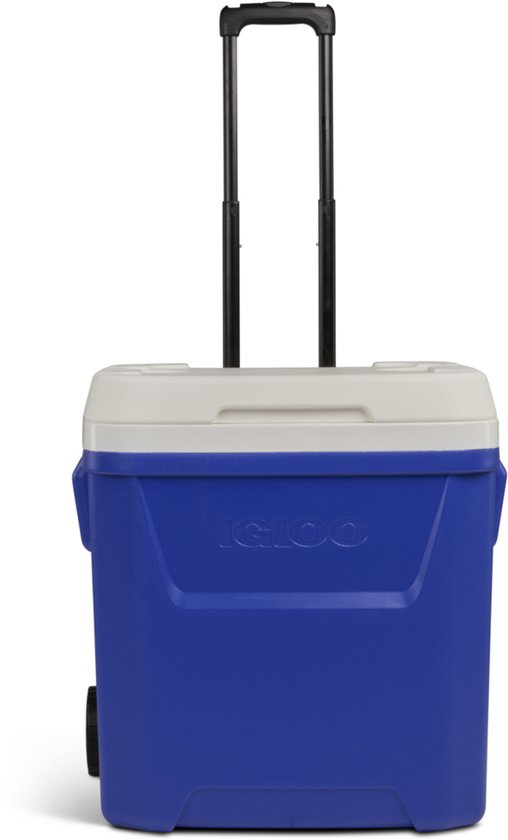 Blauwe Igloo koelbox met witte deksel, uitschuifbaar handvat en wielen, voorkant.