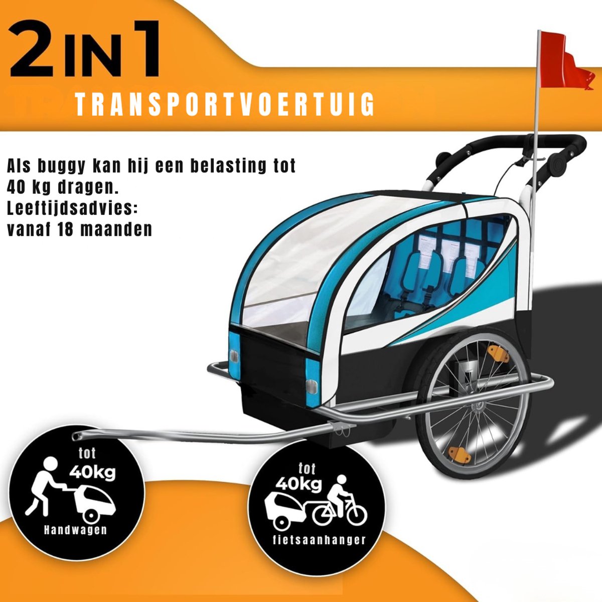 SAVI® Fietskar Bagage - Fietskar Max 40 kg Laadvermogen - Fietsaanhanger – Blauw/Zilver- 133cm x 88cm x 108cm; 20kg