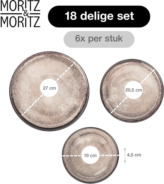Moritz & Moritz Service d'assiettes - 18 pièces - Zwart- Céramique Beige