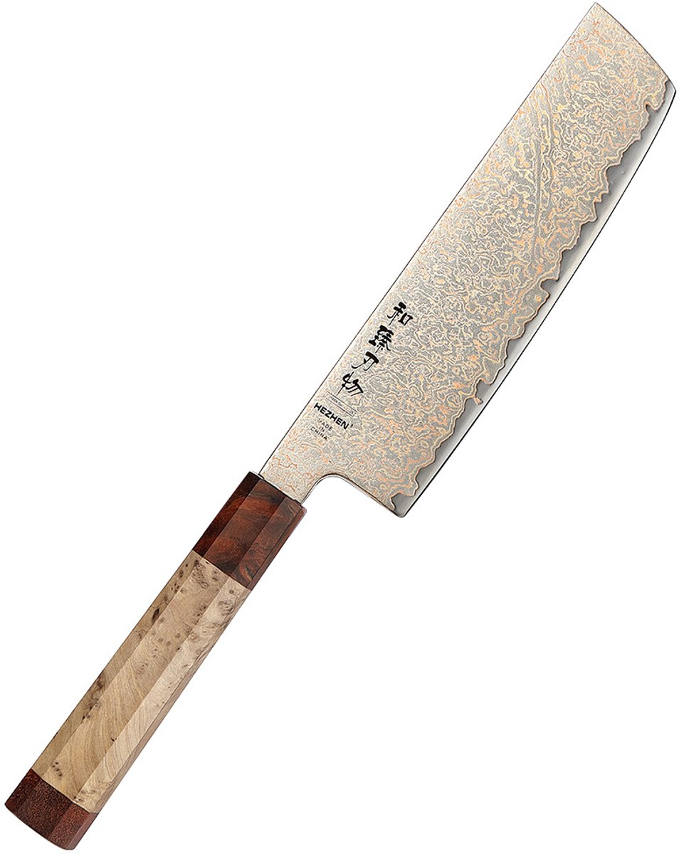 Hezhen - Koper Damascus staal (37 laags - 12Cr18MoV kern) - X05C Retro Series - Nakiri mes