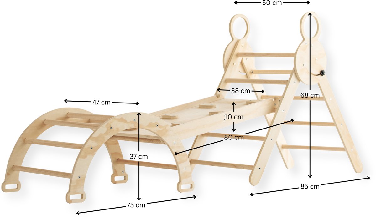 Buxibo Mini Klimrek – Houten Klimrek met Klimboog & Klimhelling met Glijbaan – Montessori Speelgym voor Binnen – 176x47x68 cm – Naturel — afbeelding 7