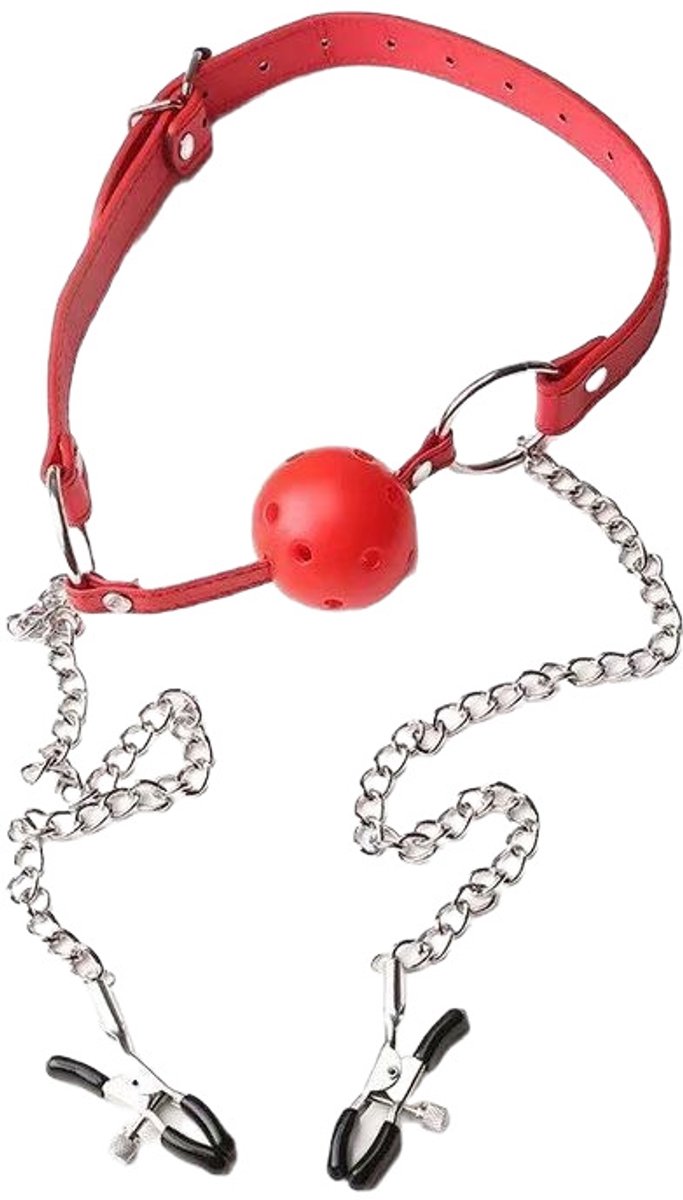 Oneay Mondknevel met tepelklemmen en openingsfunctie – Bondage accessoire met borststimulatie – Erotisch seksspeeltje voor volwassenen – Rood