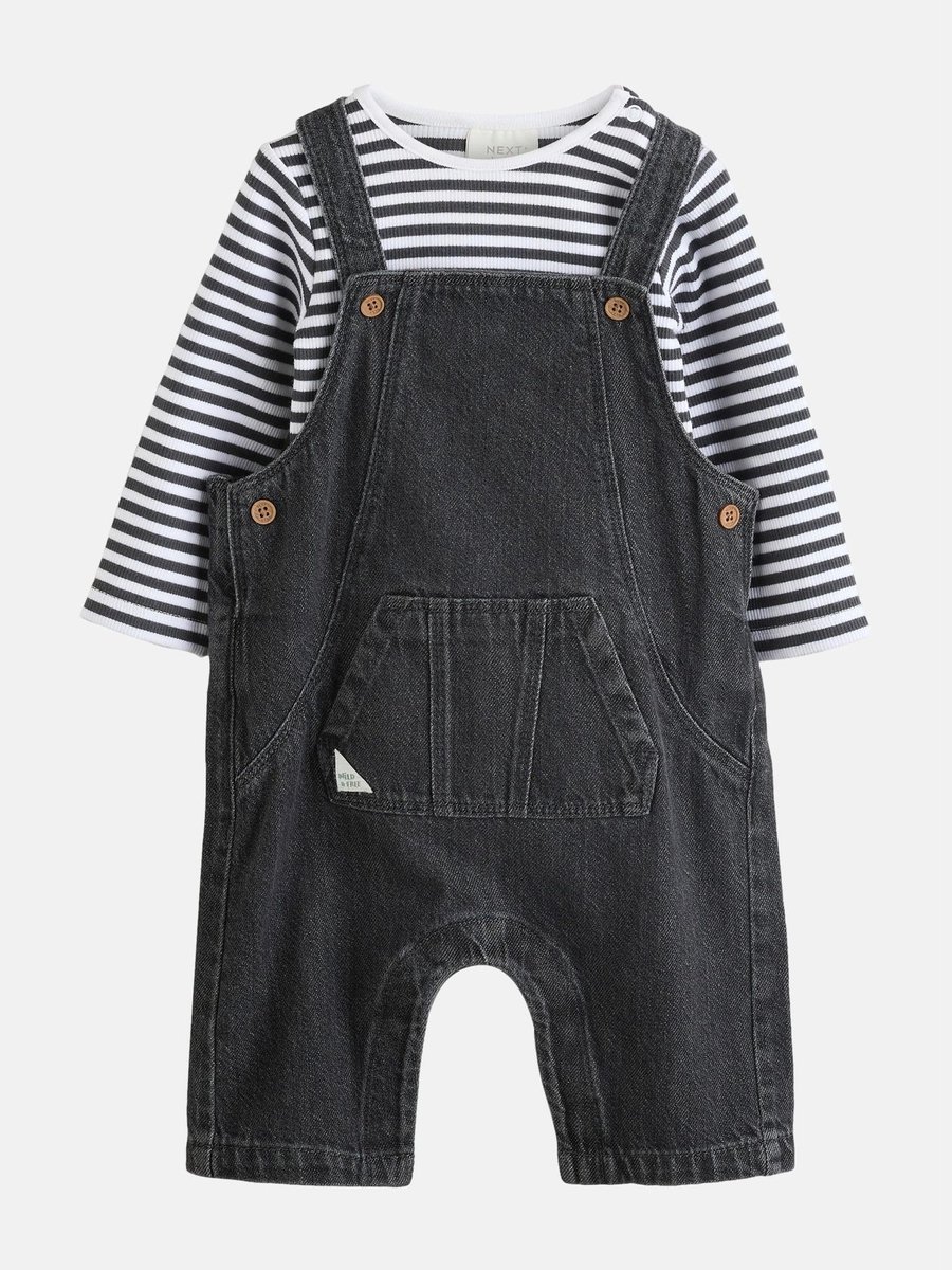 Next - Jongens - Set voor baby's van denim tuinbroek en rompertje - Grijs