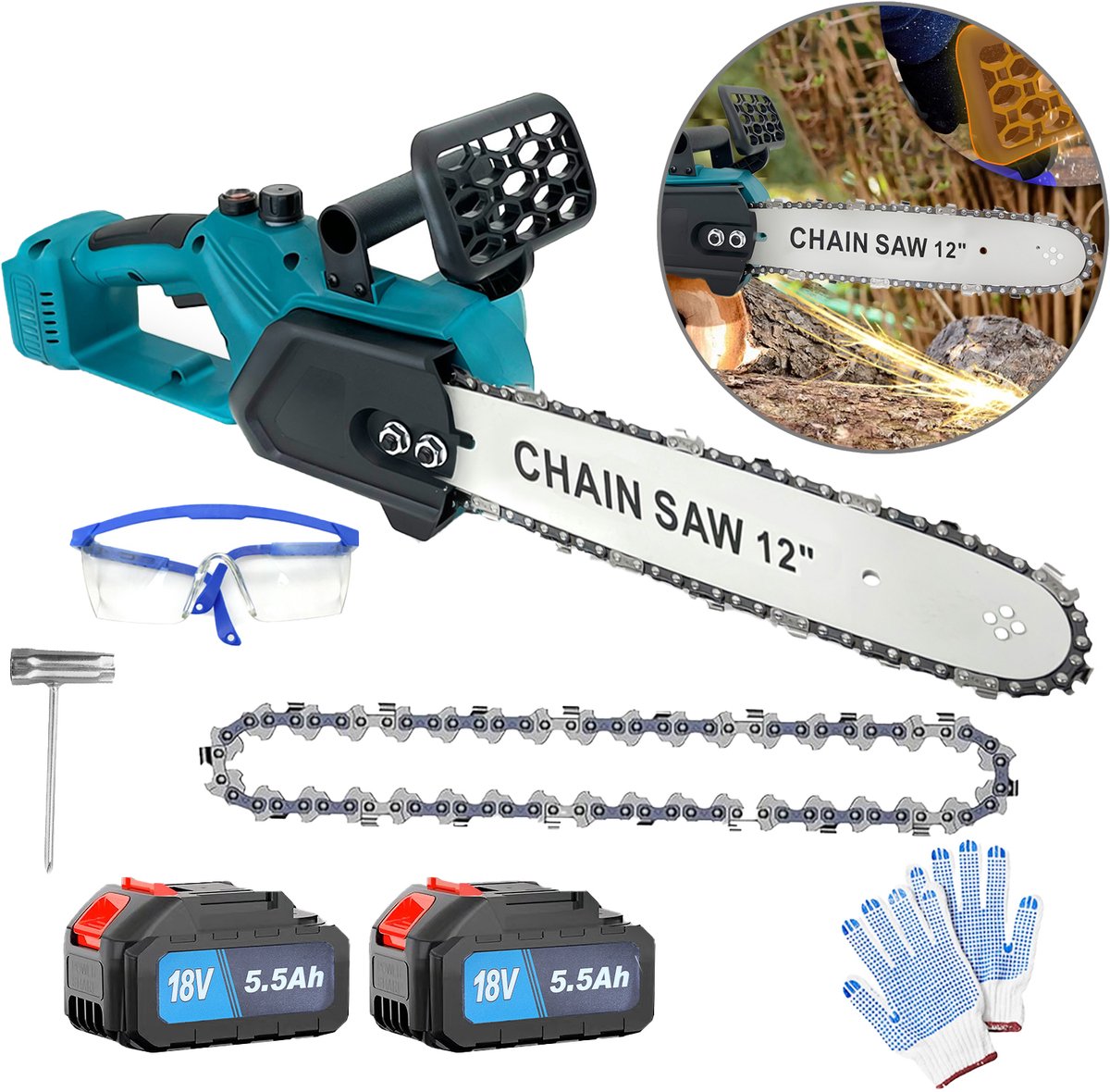 Draadloze kettingzaag van 30 cm, elektrische kettingzaag met 2 oplaadbare accu's van 5500 mAh, krachtige handzaag voor het snoeien van bomen en het zagen van hout, perfect tuingereedschap voor dikke takken en stammen.