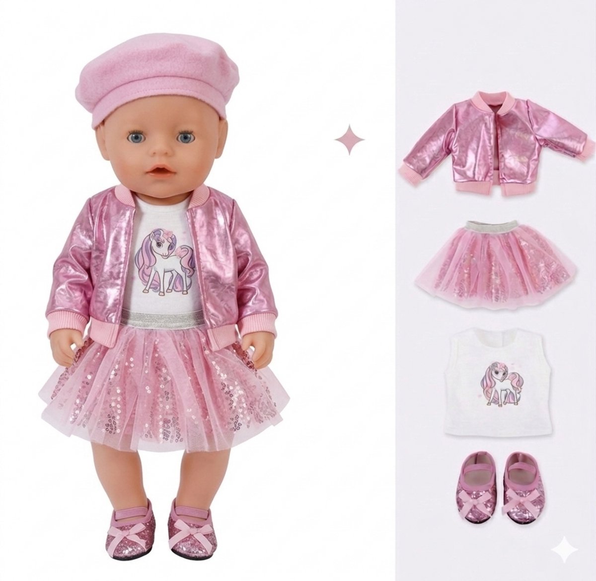 Stoere Roze Glitter Outfit – Poppenkleding geschikt voor Baby Born 36–43 cm - Rok, Jasje, Muts & Schoenen