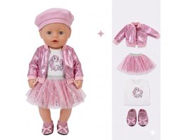 Stoere Roze Glitter Outfit – Poppenkleding geschikt voor Baby Born 36–43 cm - Rok, Jasje, Muts & Schoenen