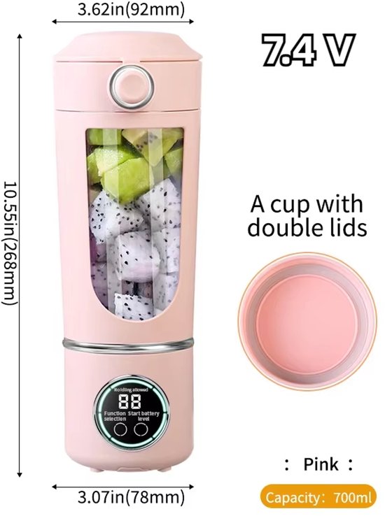 Draagbare Blender 700ML - Smoothie Maker en Juicer 2-in-1 met 12 Messen, USB Oplaadbare Mini Blender voor Shakes, Smoothies en Fruitmix - Roze van Merkloos — afbeelding 2
