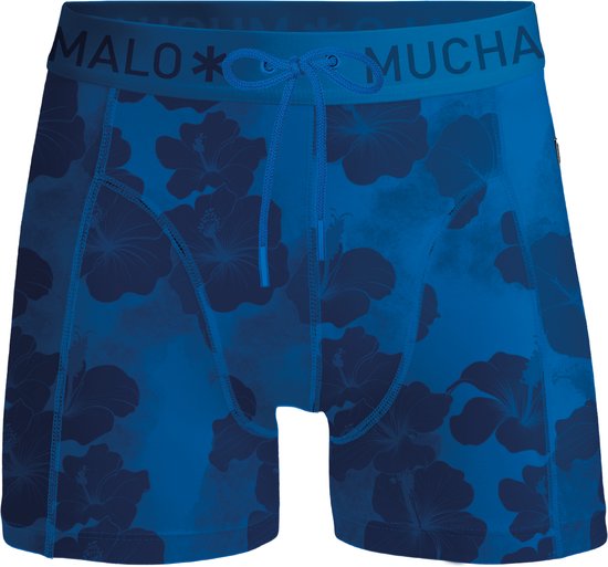 Blauwe zwembroek met donkerblauwe bloemenprint en trekkoord.