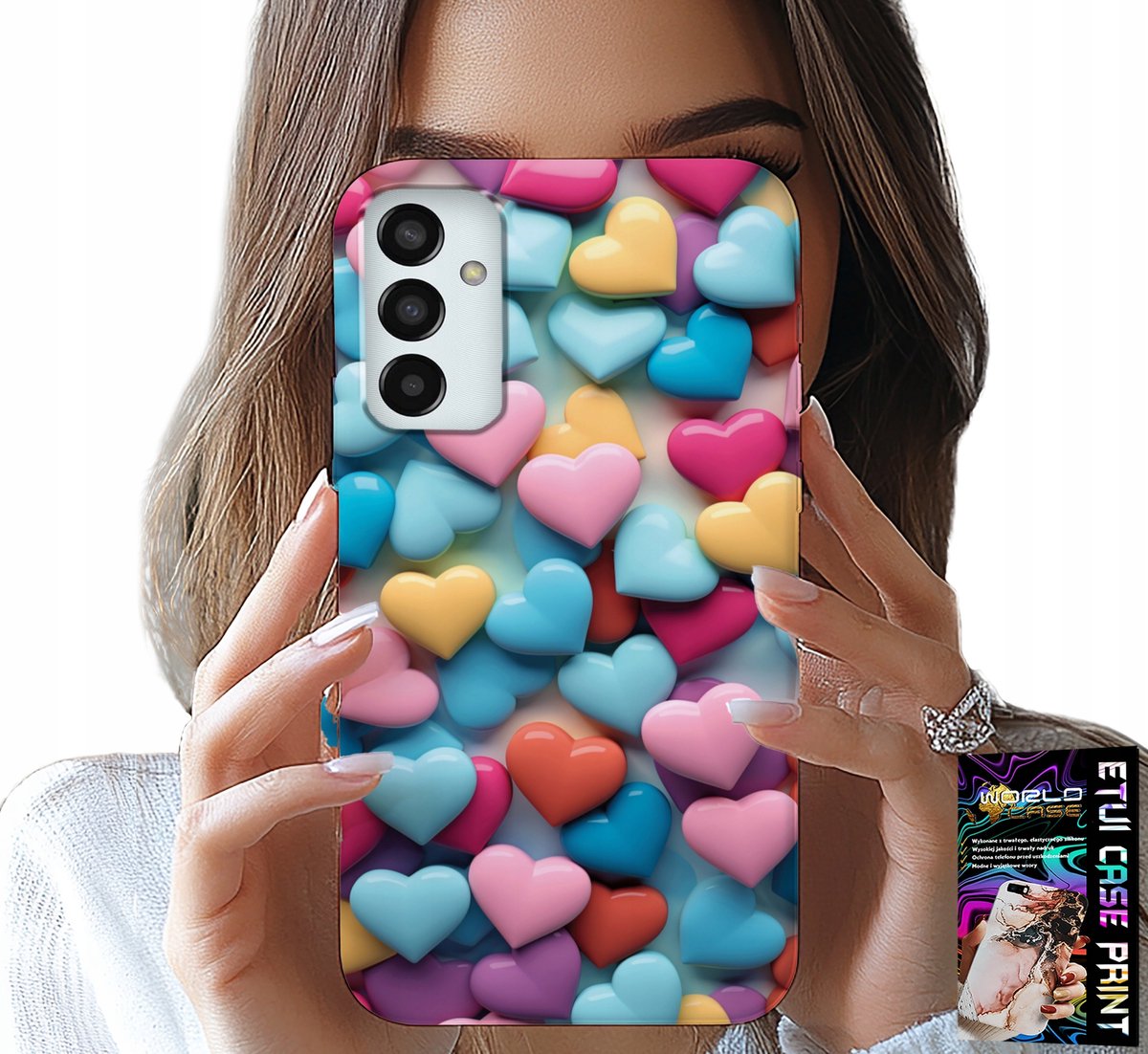 HOESJE VOOR SAMSUNG GALAXY M23 - KLEURRIJKE HARTJES, MOGELIJKHEID TOT PERSONALISATIE