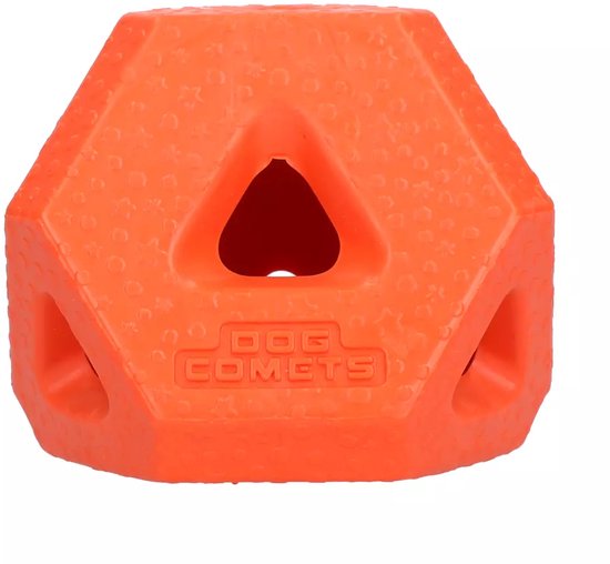 Oranje Dog Comets snackbal met driehoekige openingen en een gestippeld oppervlak.