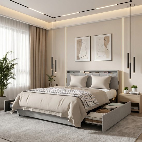 Gestoffen Bed - Van Linnenstof - 140x200cm - Bedframe - Met Rolbare Lades - Gepolsterd Hoofdeinde - Metalen Frame - Ladebed - Met Opbergruimte Onder Het Bed - Lichtgrijs - NAIZY