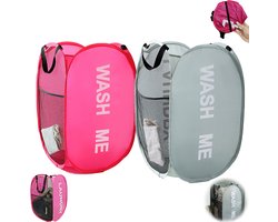 2 stuks - Wasmand van gaas met handvat - Opvouwbare wasmand van gaas - Opvouwbare wasmand - Opvouwbare waszak - Wasmand van gaas met handvat - Opbergdoos voor vuile was - Grijs, roze - Geschikt voor thuis, studentenkamers en op reis