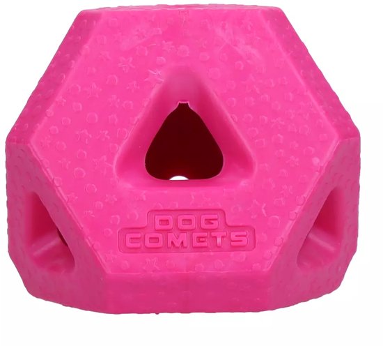Roze Dog Comets snackbal met driehoekige openingen en sterpatroon. Tekst "DOG COMETS" op de zijkant.