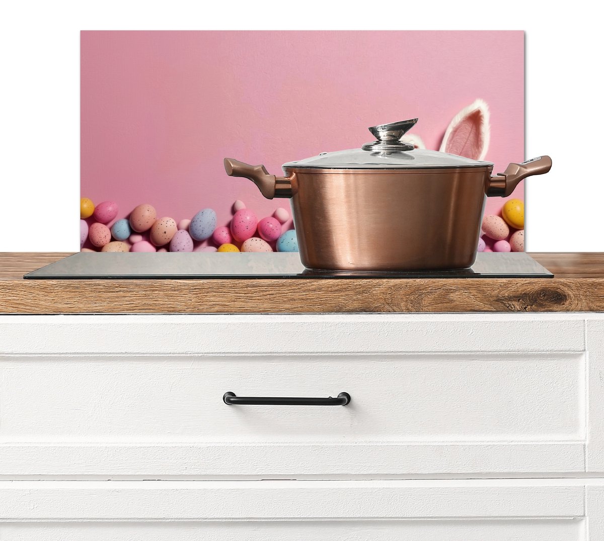 Spatscherm keuken 70x30 cm - Kookplaat achterwand Eieren - Pastelkleuren - Konijnoren - Roze - Muurbeschermer - Spatwand fornuis - Hoogwaardig aluminium