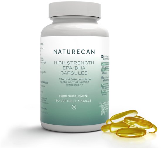 Naturecan High Strength EPA/DHA Capsules, 90 softgel capsules met 3 gouden capsules ernaast.