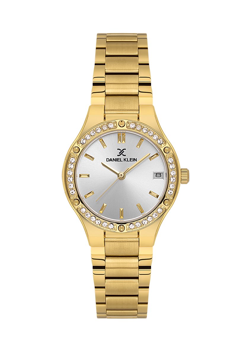 Daniel Klein DK.1.14160-3 - Horloge - Polshorloge - Analoog - Dames - Vrouwen - Rond - Stalen band - Metaal - Strepen - Datumaanduiding - Briljant - Goudkleurig - Wit - Zwart