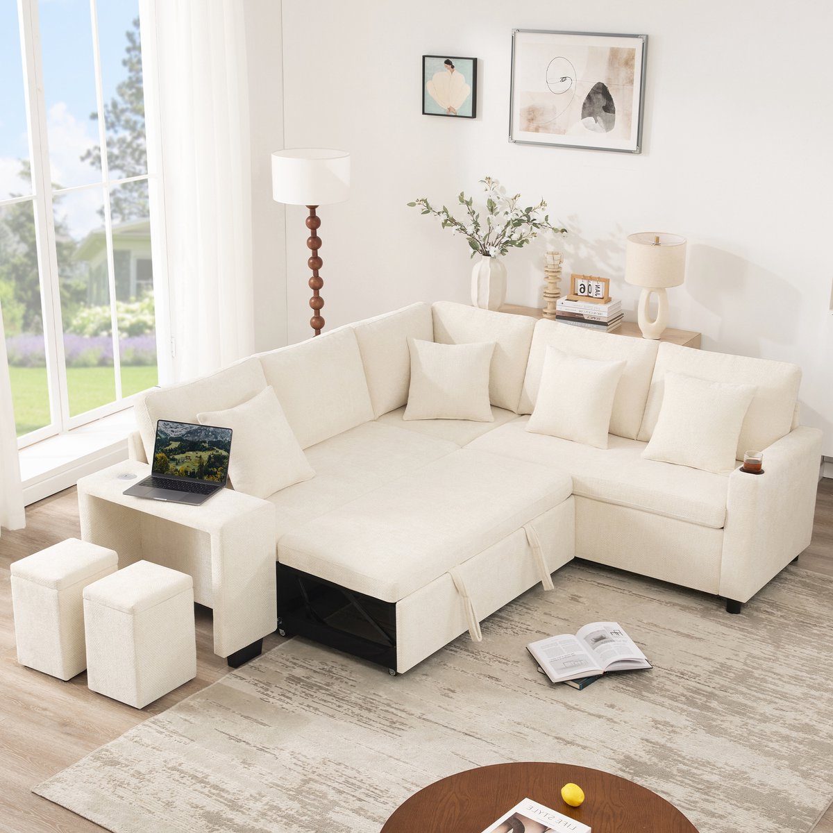 OKWISH Hoekbank 220 x 205 cm - Slaapfunctie, Opbergruimte En Usb C Aansluiting - Omkeerbare Chaise Longue - Chenille - Beige