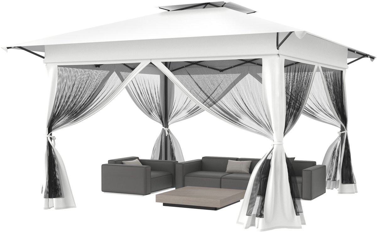 ACXIN Opvouwbare Partytent 4x4m - Waterdicht met Muggennet, In Hoogte Verstelbaar, Pop-up Paviljoen met Draagtas op Wielen en UV-bescherming - Voor Tuin en Terras - Wit