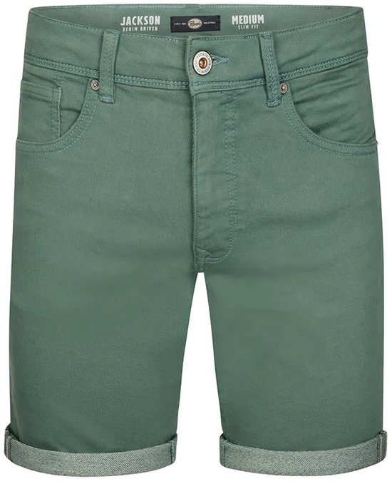 Groene slim fit stretch denim shorts met knoopsluiting, vijf zakken en opgerolde zomen.