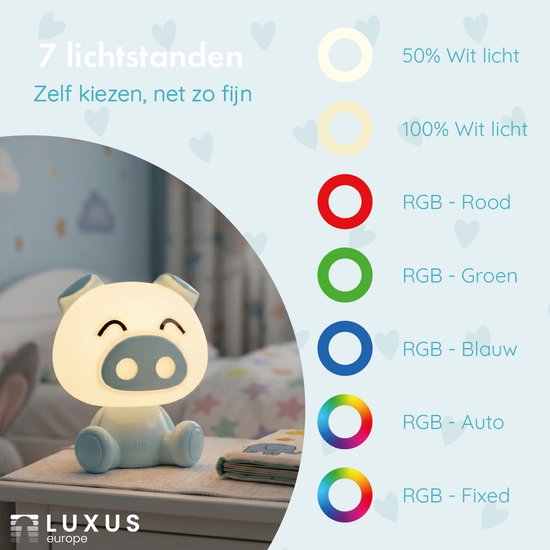 Luxus Nachtlamp Kinderkamer Piggy - Blauw - Nachtlampje baby - Voor kinderen - Slaapkamer - 7 kleuren licht - RGB - Bluetooth speaker - Draadloos - Oplaadbaar van Merkloos — afbeelding 2