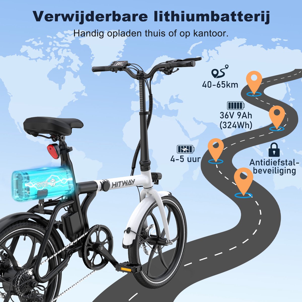 Hitway Elektrische Fiets BK35S Pro - Trendy 20 Inch City Commuter EBike met Afneembare 36V 9Ah Lithium Batterij - Opvouwbaar E-Bike met 250W Motor - APP Bediening - IP54 Waterdicht – foto 4