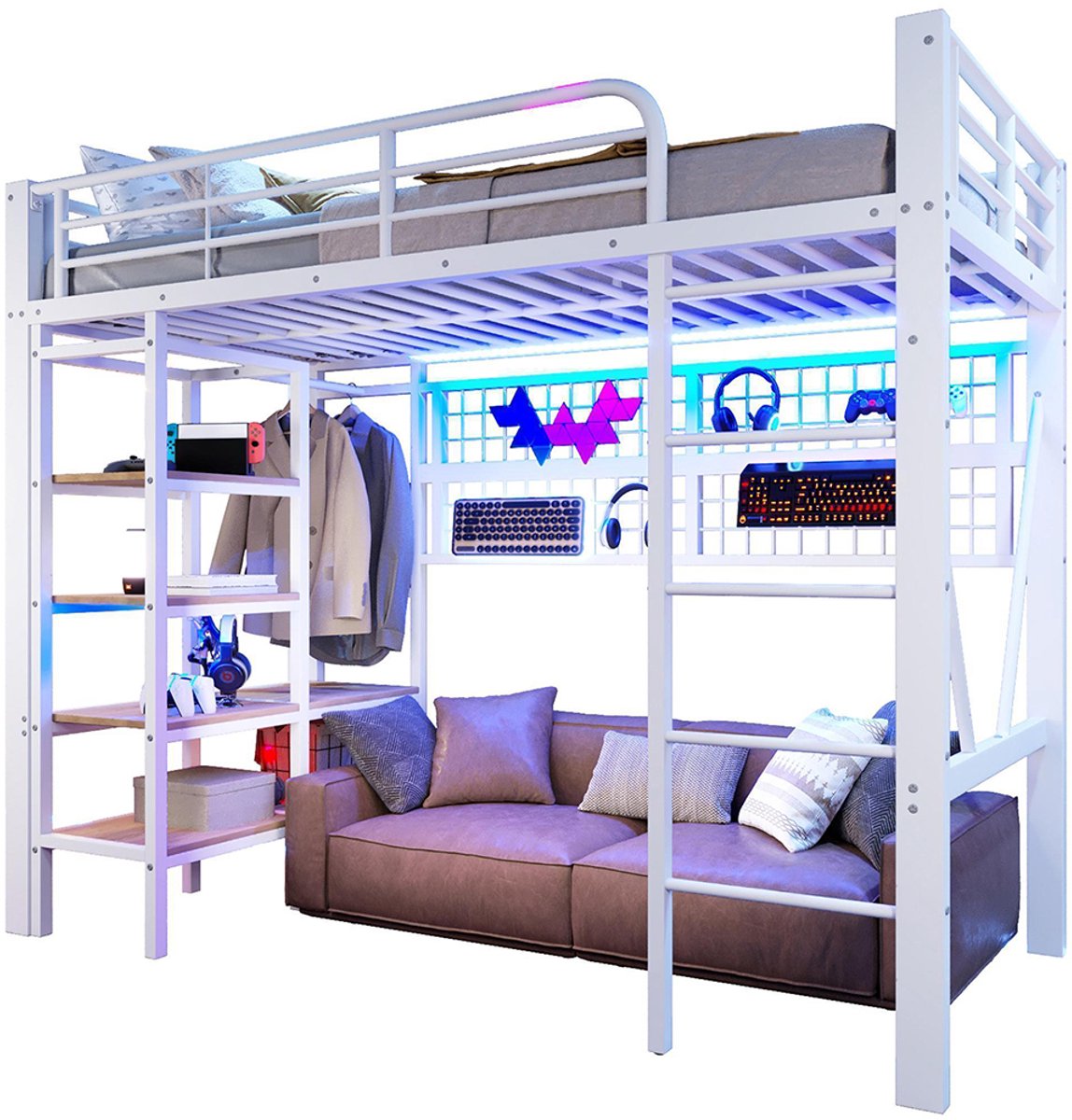 KOMHTOM Hoogslaper, 90 x 200 cm, ijzeren frame, opbergvak, net om spullen op te hangen, met kledingstang, open ruimte onder het bed, met LED-lichtstrip, zonder matras, wit