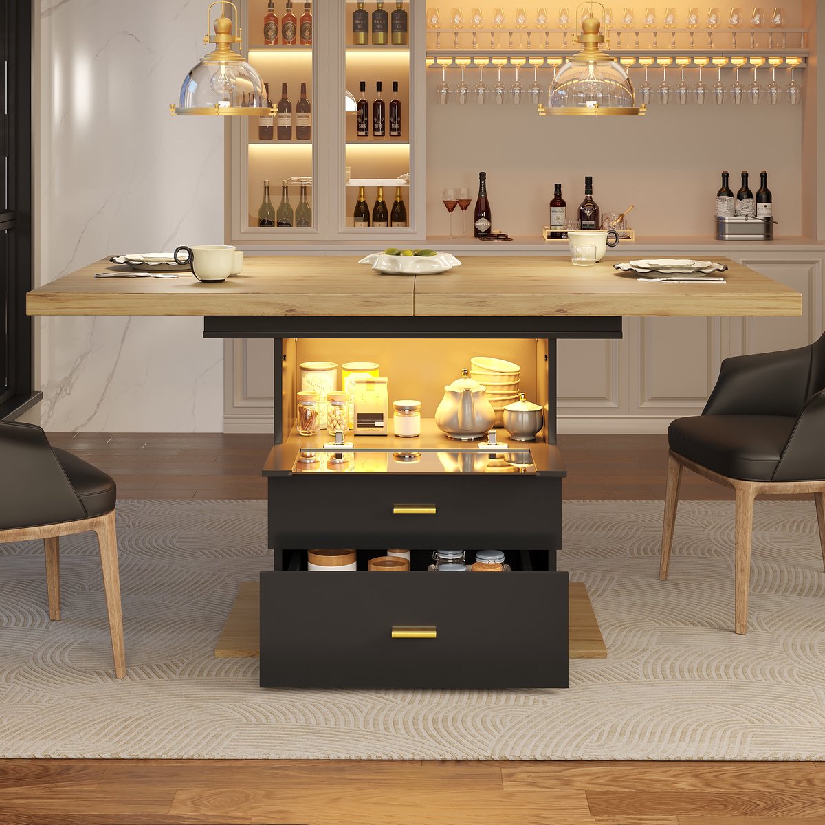 REDOM Uitschuifbare Eettafel - LED-Verlichting En 2 Laden - MDF En Metaal - Houtkleur En Zwart - 110-140 X 80 X 75 Cm
