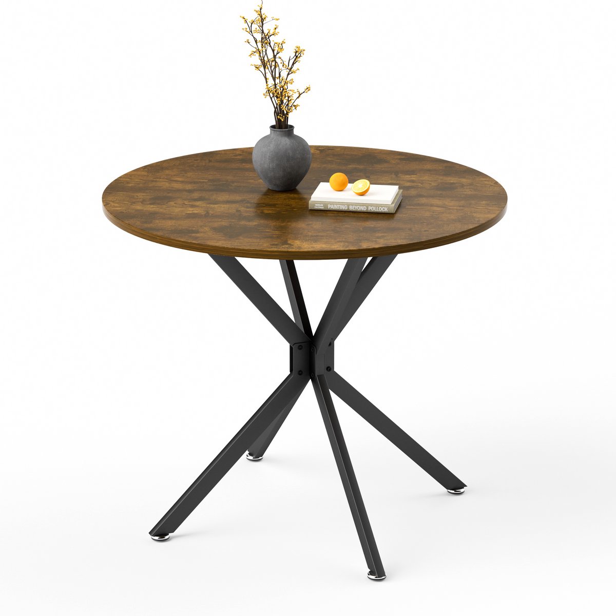 REDOM Ronde Eettafel 90 cm - Vintage Design - Krasbestendig & Waterafstotend - Compacte Eetkamertafel voor 4 Personen - Spaanplaat met Laminaat - Staal en Bruin/Zwart Zwart + Rustiek Bruin