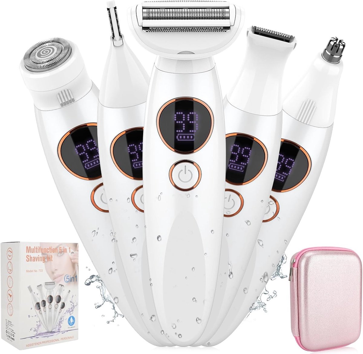 5-in-1 Bikinittrimmer voor Dames - IPX7 Waterdicht Draadloos Verwisselbare Opzetstukken - Pijnvrije Ontharing voor Armen, Benen, Oksels & Gezicht - Wit - 1 Stuk