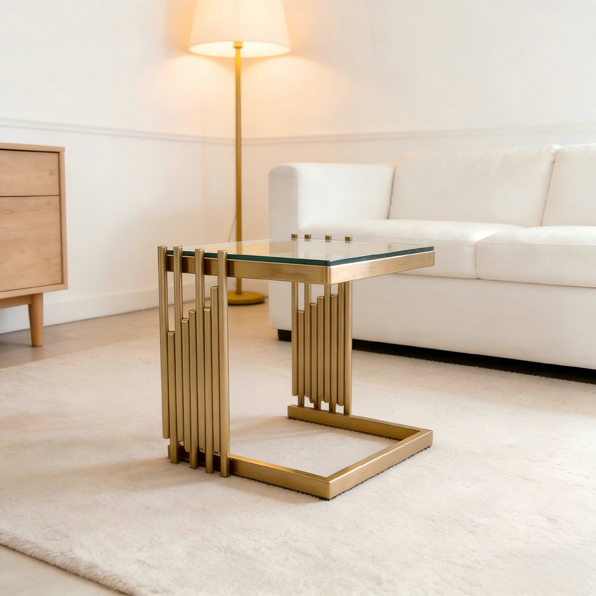 Wishdor Vierkante Bijzettafel - Gehard Glas - Modern - Woonkamer - Roestvrij Staal - Goud Transparant - 41 Cm Goud + Transparant