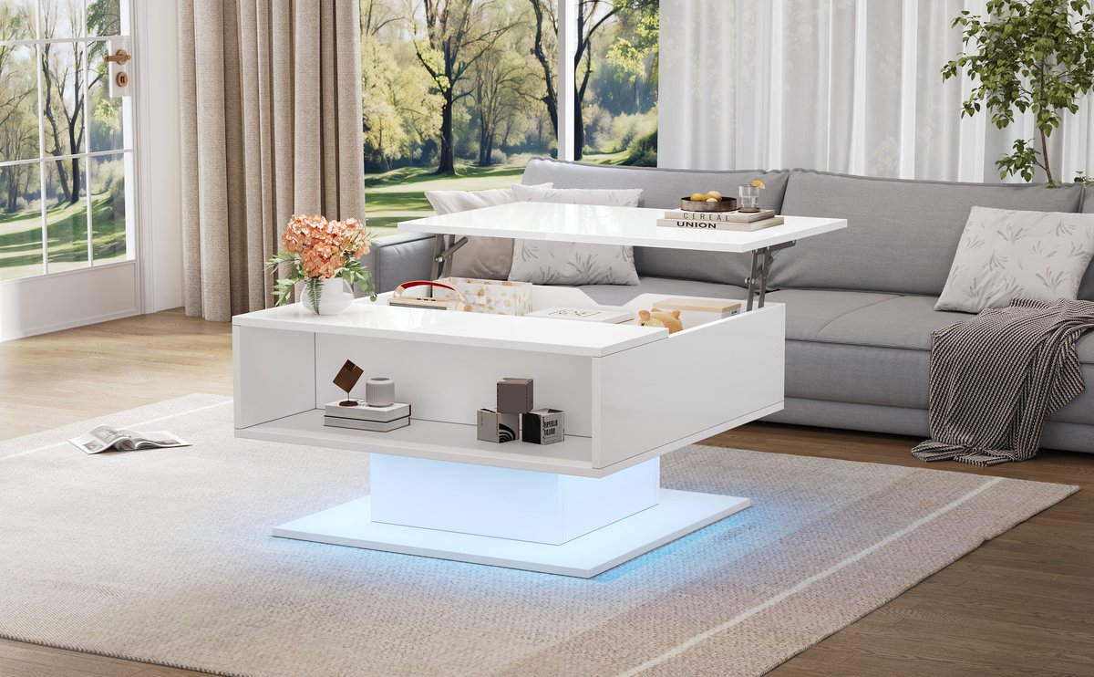Wishdor Salontafel Met Hefbaar Blad En Opbergruimte - Geometrisch - Voor Woonkamer - Spaanplaat - Wit - 80 X 75 X 40 Cm
