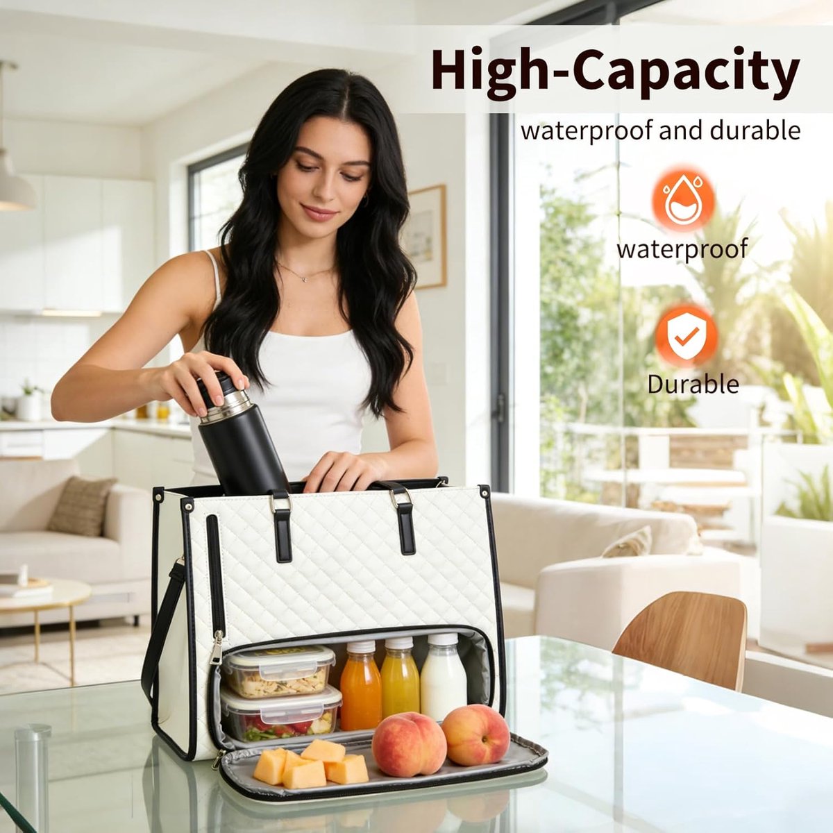 Lunchtas 2-in-1 - Luxe Luncher Werktas - handtas met geïsoleerde lunchkamer - 15,6 inch laptop - Tote Bag - Vrouwen Koeltas - waterdichte kantoortas met antidiefstalbeveiliging - voor werk, universiteit en reizen - wit - zwart — cadeau in Cadeau-ideeën - foto 3