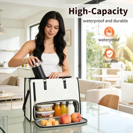 Lunchtas 2-in-1 - Luxe Luncher Werktas - handtas met geïsoleerde lunchkamer - 15,6 inch laptop - Tote Bag - Vrouwen Koeltas - waterdichte kantoortas met antidiefstalbeveiliging - voor werk, universiteit en reizen - wit - zwart — afbeelding 3