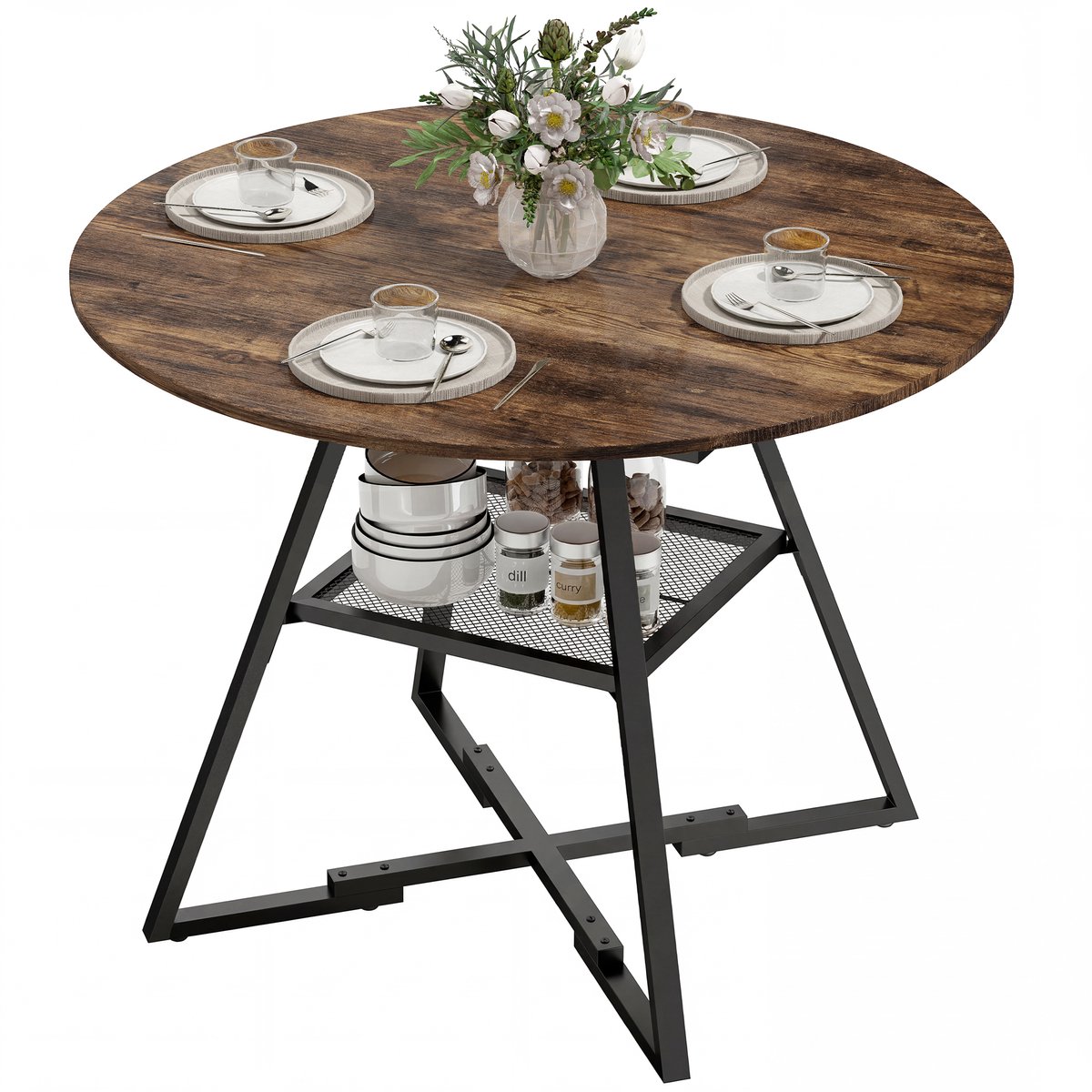 HOMCOM Eettafel - Spaanplaat, Metaal - 100 x 100 x 76 cm - Rustiek Bruin